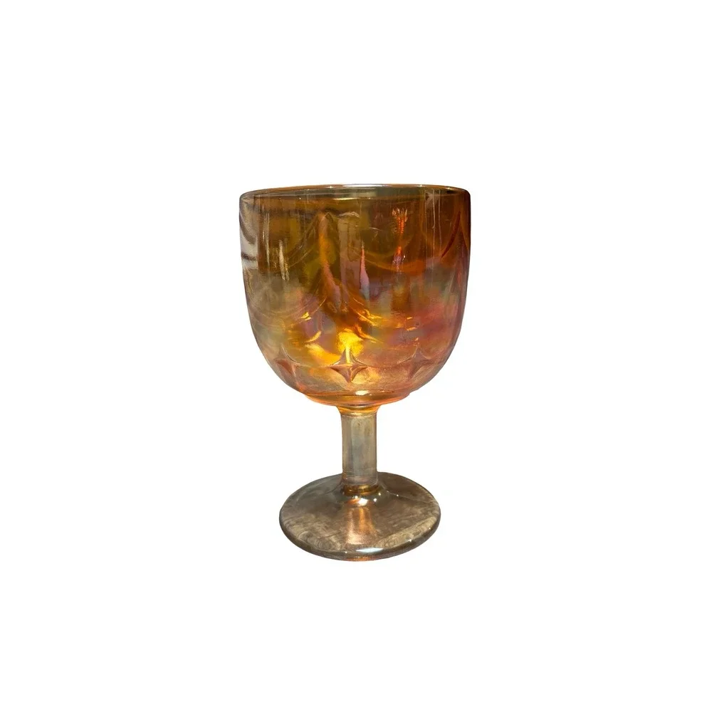 Vintage Amber Carnival Glass Iridescent Starburst Goblet Wine Glass 6in